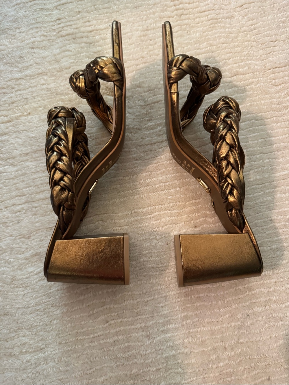 Braided Metallic Bronze Block Heel Sandals